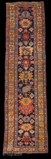 Luscious mid-19th Century kurd runner, outstanding colors, full pile.  Cut and shut in a couple of places, but expertly done. Useable runners don't come any better than this. 3'4" x 11'9" 