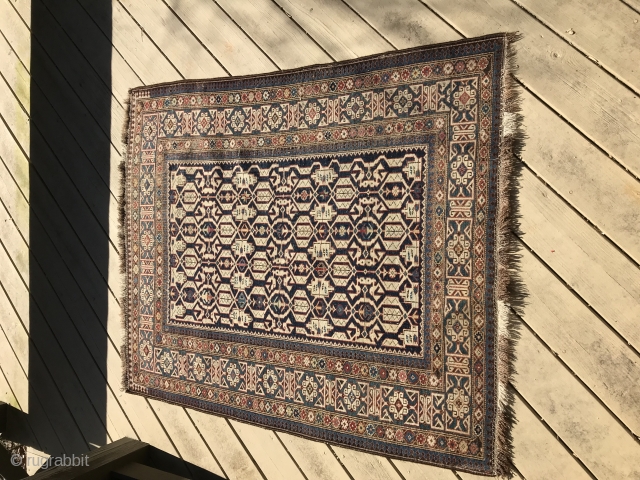 Late 19th Century Konaghend. Desirable Kufic border. Selvages and ends replaced. Overall wear consistent with age. Field is in good shape. Wear is most visible on minor borders. 145 x 122 cm  ...