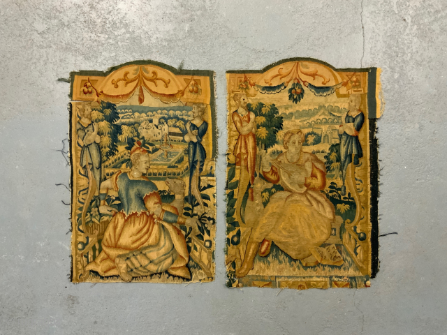 Pair Franco-Flemish late 16th cent tapesry panels in wool and silk removed from the border from what must have been an important and monumental tapestry. 

The attendant figures on each side of  ...