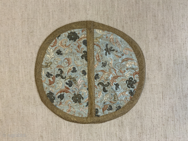 Chinese antique embroidery roundal made from what was likely a luxury export bedcover this exquisite small embroidery is done in gold wire and silk embroidery onto silk. Enhanced with a gilt braid  ...