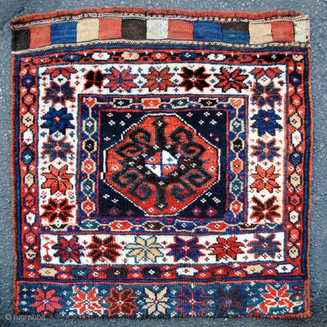 Colorful Kurdish bag from the Varamin area in excellent pile with saturated colors. Late 19th c. Great wool and graphics.             