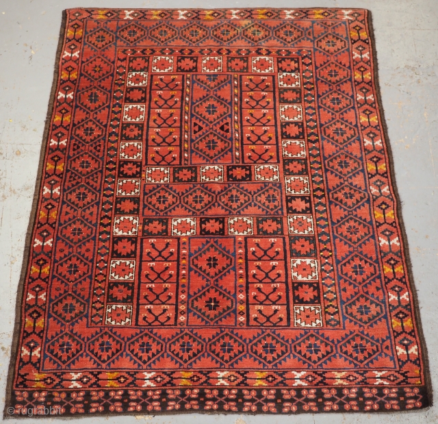 Antique Ersari Turkmen ensi of traditional design with excellent colour. www.knightsantiques.co.uk 
Size: 5ft 4in x 4ft 4in (162 x 128cm).
Circa 1880.

Ensi were door hangings used to cover the entrance to a yurt.

This  ...