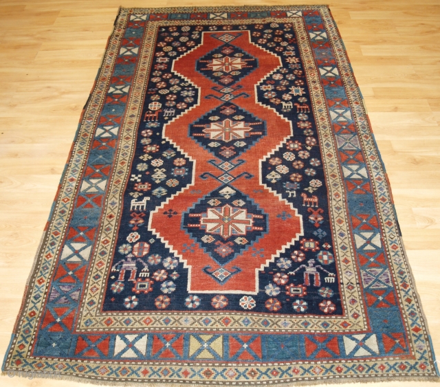 Antique South Caucasian Karabagh or Armenian Kazak rug with triple linked medallion with a X box border. www.knightsantiques.co.uk 

Size: 7ft 7in x 4ft 1in (230 x 125cm).

Circa 1900.

A superb example of a  ...