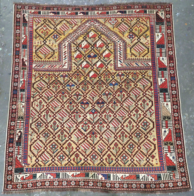 Antique Caucasian Marasali prayer rug of the scarce 'yellow' ground colour.
www.knightsantiques.co.uk 
Circa 1850 or earlier.
Size: 4ft 6in x 4ft 0in. (137 x 121cm).
This outstanding rug belongs to a scarce group of yellow  ...