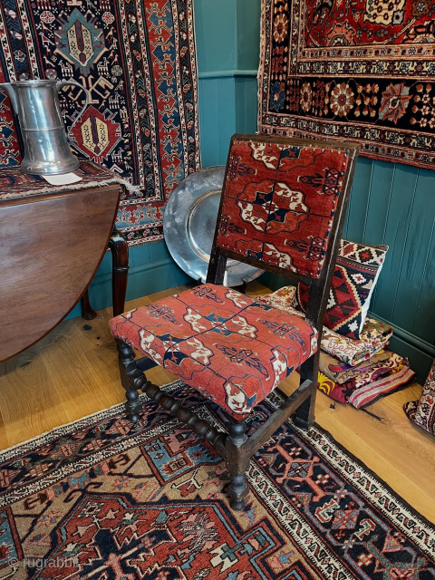 Beautiful early English chair covered with fragments from a Tekke Turkmen carpet circa 1800.
Please message for full details, simon@knightsantiques.co.uk              