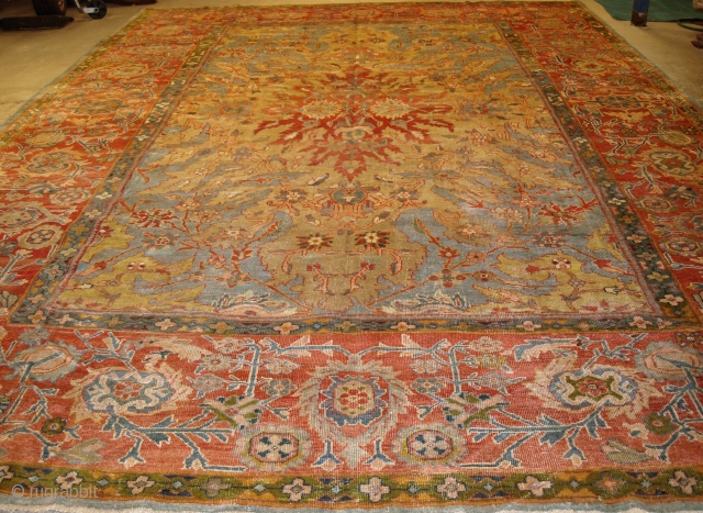 Antique Persian Ziegler carpet of scarce design and colour. www.knightsantiques.co.uk 
Size: 17ft 1in x 12ft 0in (520 x 366cm). 
Circa 1870/80.

The carpet has a beautiful range of soft pastel colours on a  ...