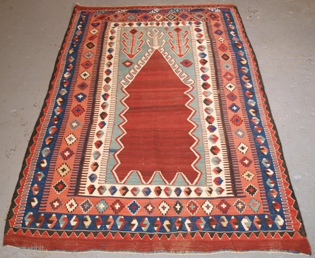 Size: 5ft 10in x 4ft 0in (178 x 123cm). www.knightsantiques.co.uk 

Antique Turkish kilim from the Obruk region with a classic prayer design.

Circa 1900.

The kilim has excellent colour with an abrashed madder red  ...