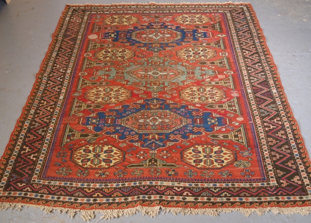 Size: 5ft 11in x 5ft 2in (180 x 158cm). www.knightsantiques.co.uk 

Antique Caucasian soumak carpet of three medallion design of scarce small size format with superb colour.

Circa 1880.

This soumak is of the classic  ...