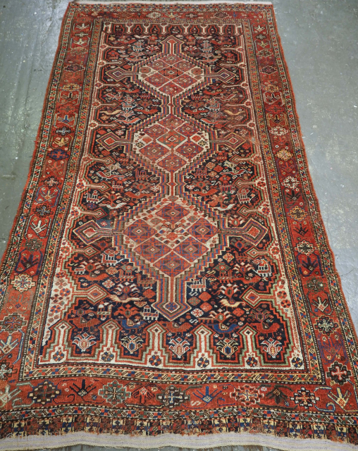 £600 / $760 Khamseh rug in as found condition. Size: 287 x 161cm (9ft 5in x 5ft 3in). Hand washed and ready for use or restoration.
£600 / $760 + shipping at cost.  ...