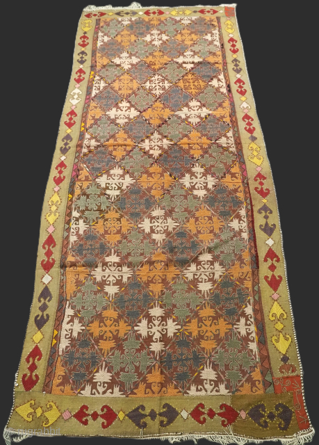 Antique Uzbek flat weave kilim with embroidered design, these are known as 'suzani kilim'.
Size: 11ft 3in x 4ft 8in (343 x 143cm).
Circa 1900-20.
email: simon@knightsantiques.co.uk
D-1107.         
