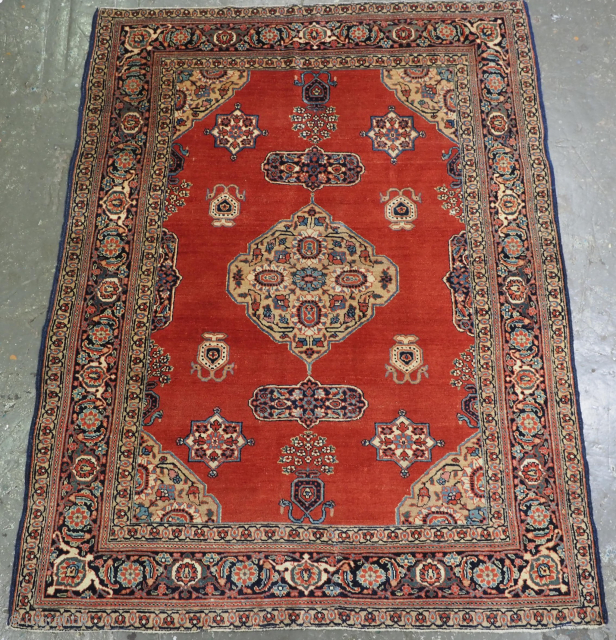 Antique Tabriz region village rug of outstanding design with a small central medallion on a madder red ground.
www.knightsantiques.co.uk
Circa 1900.
Size: 6ft 0in x 4ft 8in (182 x 141cm).
The rug has a classical small  ...