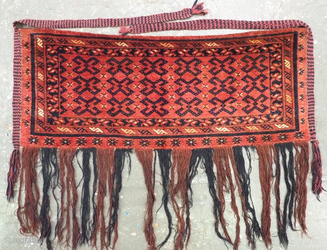 Antique Ersari Beshir Turkmen torba with double rams horn design.
Size: 3ft 11in x 1ft 7in (120 x 47cm) excluding tassels.
Circa 1880.
Torba are shallow wall bags used mainly in tents or yurts for ...