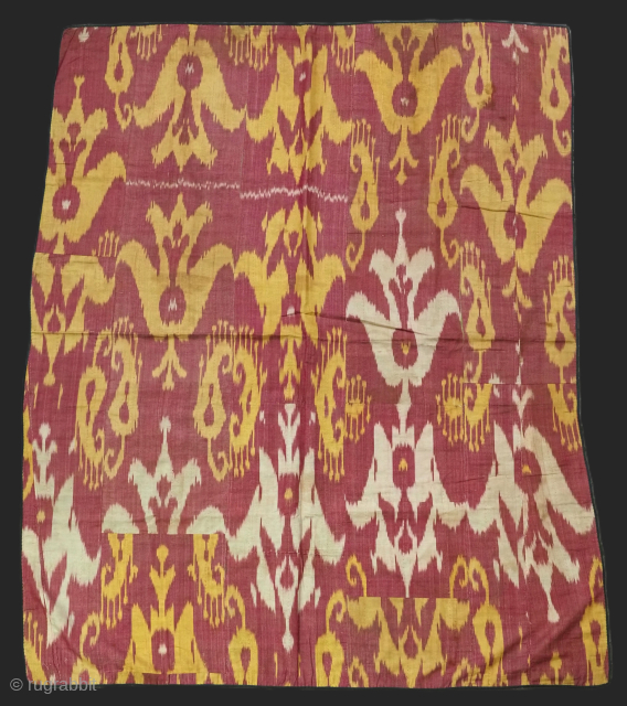 Antique Uzbek silk ikat panel of traditional design.
Size: 4ft 11in x 3ft 11in (150 x 120cm).
Circa 1900 or earlier.

The panel of traditional silk ikat from the Bukhara region; the panel is in  ...