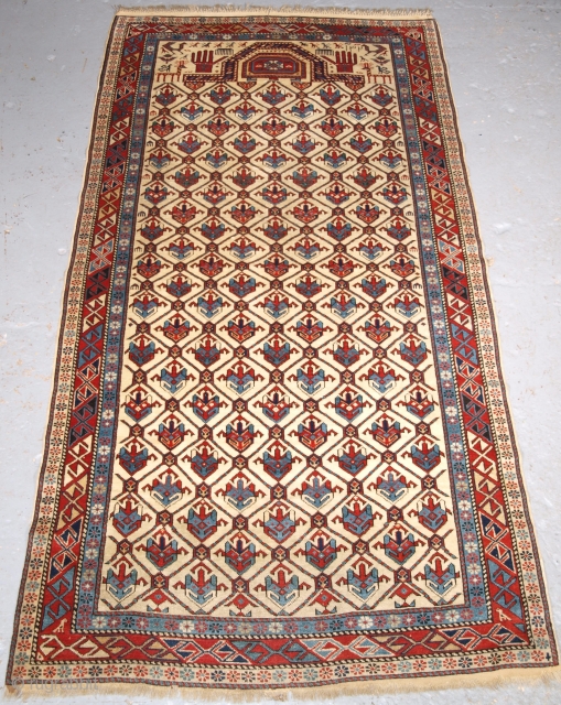 Size: 5ft 11in x 3ft 1in (180 x 93cm). www.knightsantiques.co.uk 

Antique Caucasian Shirvan prayer rug with lattice on an ivory ground.

Dated 1320 / 1902.

A superb example of this well known group of  ...