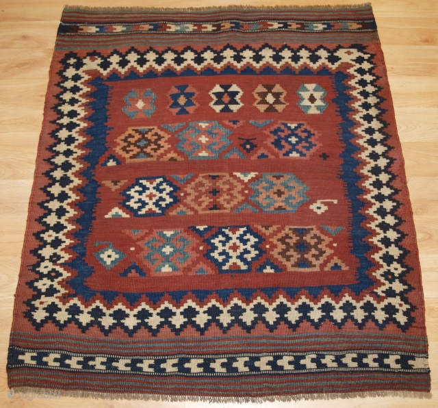 Size: 3ft 3in x 2ft 11in (100 x 90cm). www.knightsantiques.co.uk 

Antique Persian tribal Qashqai kilim sofreh, South West Persia.

Circa 1900.

A scarce Qashqai sofreh, eating cloth; these were placed on the ground and  ...