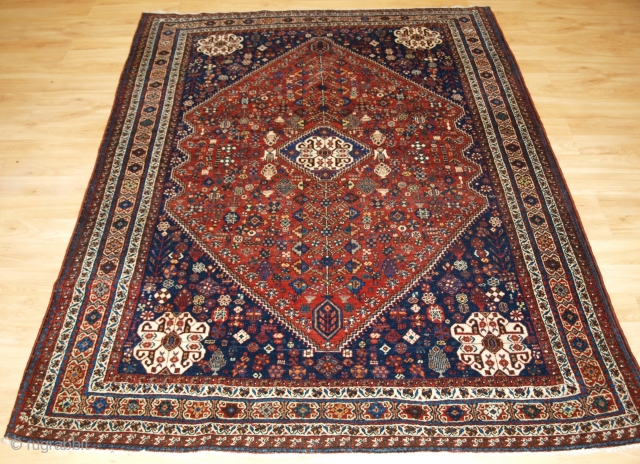 Size: 6ft 7in x 4ft 11in (200 x 151cm). www.knightsantiques.co.uk 

Antique Abedeh rug with the tribal medallion design, a rug with outstanding colour.

Circa 1920.

The rug is of a traditional tribal design with  ...