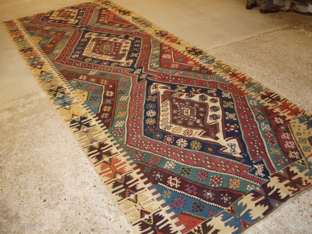 Antique Turkish Malatya kilim with excellent traditional design and colour. www.knightsantiques.co.uk 
Size: 13ft 11in x 5ft 0in (423 x 153cm). 
Late 19th century.

This kilim was woven in two parts on a narrow  ...