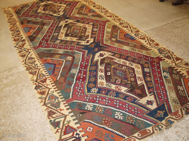 Antique Turkish Malatya kilim with excellent design and colour. www.knightsantiques.co.uk Size: 11ft 6in x 5ft 5in (350 x 164cm). 

Late 19th century.

This kilim was woven in two parts on a narrow loom  ...