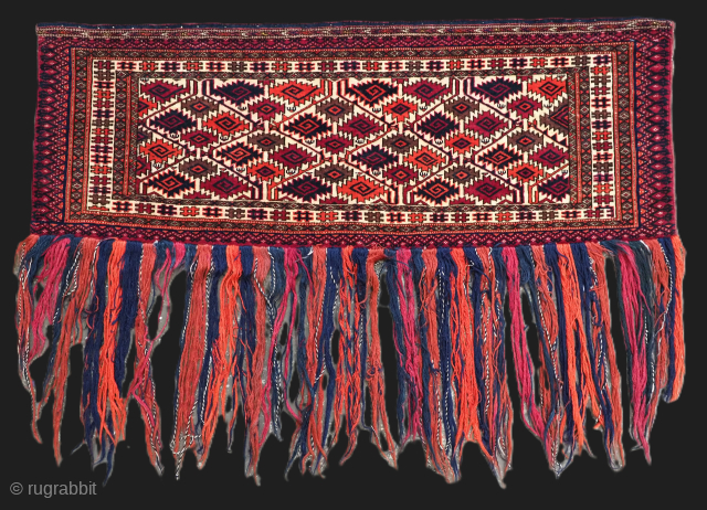 Antique Tekke Turkmen torba of very fine weave, with 'curled leaf' design. Torba are shallow wall bags used mainly in tents or yurts for the storage of personal belongings, they were also  ...