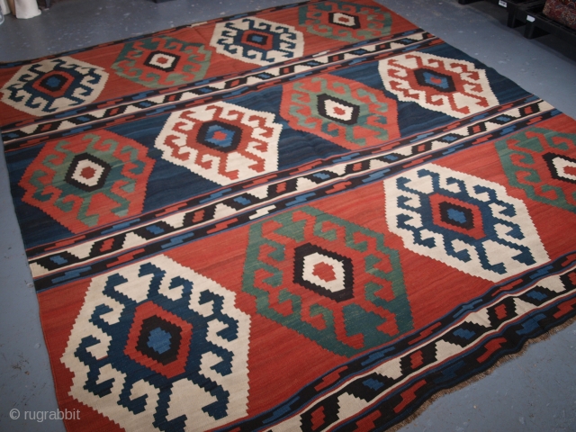 Antique South Caucasian Shirvan banded kilim of outstanding colour and design. click the link www.knightsantiques.co.uk to view more items. 

Circa 1900. Size: 8ft 6in x 7ft 8in (258 x 234cm).

A very good  ...