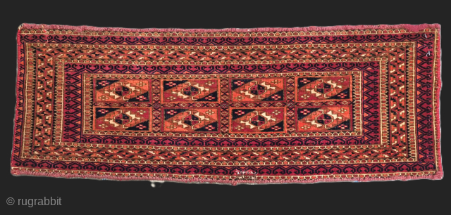 Antique Tekke Turkmen torba / mafrash, face of a small storage bag.
Size: 2ft 9in x 12in (83 x 30cm).
Circa 1880.
This small Tekke Turkmen torba / mafrash face, is the piled face of ...