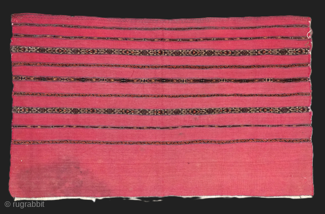 Size: 4ft 1in x 2ft 6in (124 x 76cm).
Antique Tekke Turkmen 'Kizil' chuval face with a traditional banded design in mixed techniques.
Circa 1880.
Chuval are storage bags used by the Turkmen nomads for ...