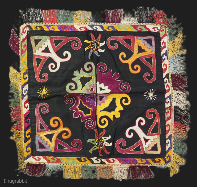 Antique Uzbek Lakai tribe ilgich, dowry wall hanging for the yurt.
Size: 1ft 9in x 1ft 8in (54 x 51cm) excluding tassels.
Circa 1900.
Ilgich are embroidered hangings that usually formed part of a brides ...