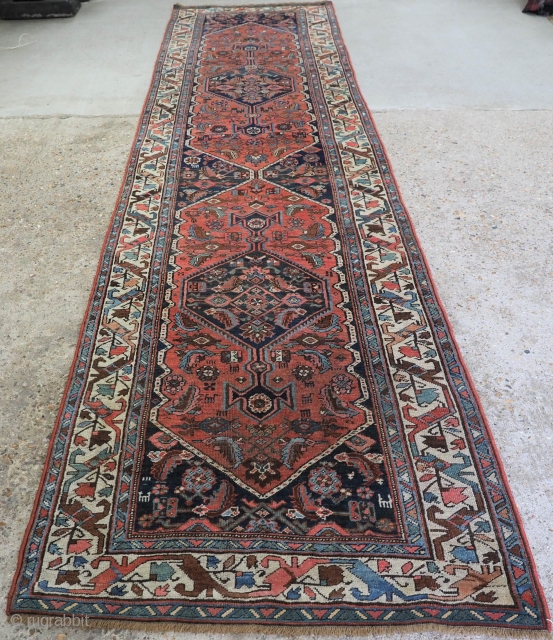 Antique Bijar runner of good size with traditional linked medallion design. www.knightsantiques.co.uk 
Size: 14ft 3in x 3ft 6in (435 x 106cm). 
Circa 1890. 

The runner has excellent soft warm colours with the  ...