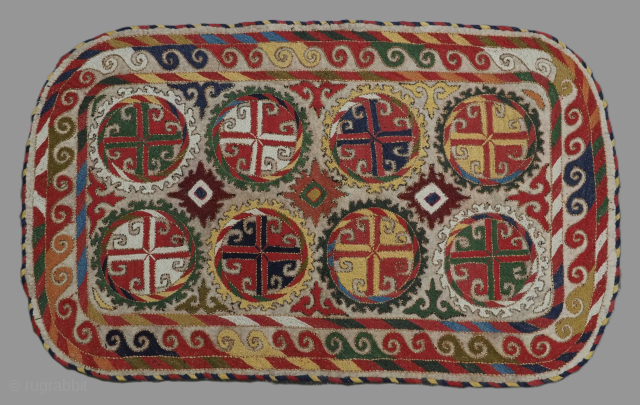 Antique Uzbek Lakai tribe embroidered felt saddle cover / rug with classic Lakai design.
Size: 4ft 1in x 2ft 6in (124 x 75cm).
Circa 1900-20.

This outstanding saddle rug is by the Lakai tribe of  ...