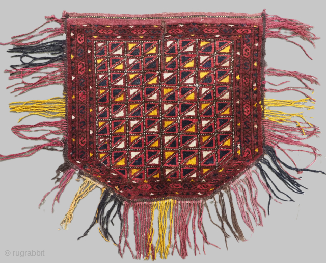 Antique Ersari Turkmen saddle cover / rug with interesting design.
Size: 2ft 0in x 2ft 0in (62 x 60cm).
Circa 1900.
This excellent tribal saddle rug by the Ersari Turkmen of southern Turkmenistan or Northern ...