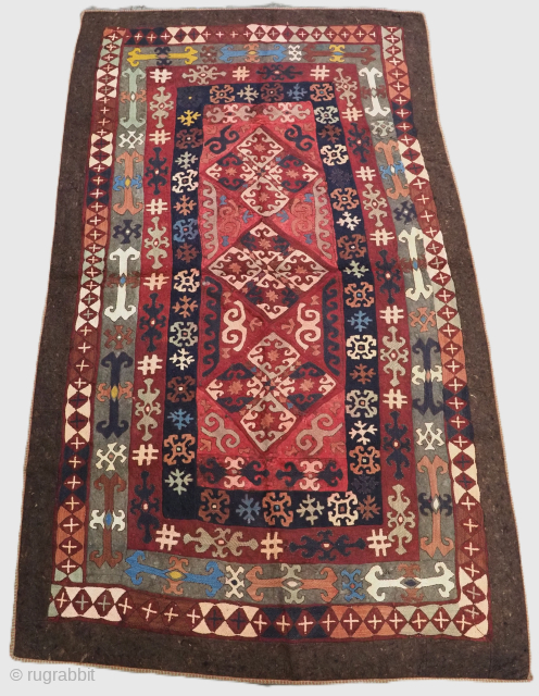 Antique Uzbek Lakai tribal embroidered felt rug of large size.
Size: 10ft 0inx 5ft 9in (305 x 174m).
Circa 1900.
This is a scarce example of an Uzbek Lakai tribal felt floor rug embroidered with ...