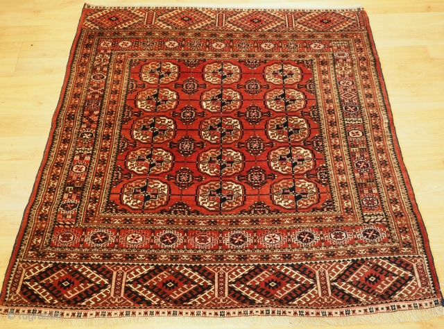 Antique Tekke Turkmen rug of fine weave and small square size. www.knightsantiques.co.uk Size:4ft 4in x 4ft 2in (131 x 127cm). Circa 1900. These rugs are considered to be ‘dowry’ weavings used by  ...