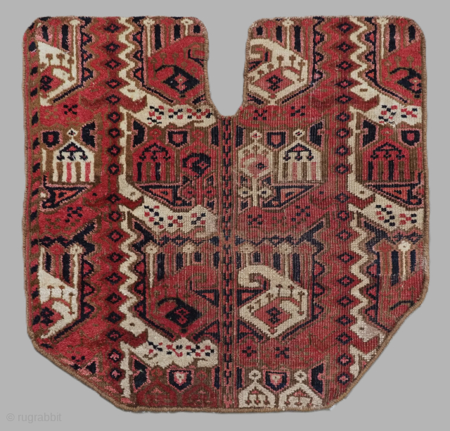 Antique Ersari Beshir Turkmen saddle cover / rug with superb design.

Circa 1880.
Size: 1ft 11in x 1ft 10in (58 x 57cm).
This excellent tribal saddle rug by the Ersari Beshir Turkmen of Southern Turkmenistan,  ...