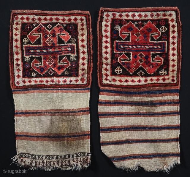 Antique tribal bags with plain weave backs, by the Shahsavan Tribe.
www.knightsantiques.co.uk
Circa 1880.
Size: 11in x 1ft 10in (28 x 55cm) each.
A very good small pair or tribal bags with original plain weave backs.  ...