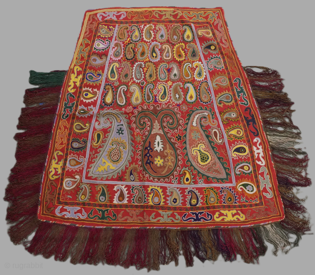Antique Uzbek Lakai tribal ceremonial horse / saddle cover.
Size: 4ft 0inx 4ft 0in (122 x 123m) excluding tassels.
Circa 1920.

This beautiful embroidered horse / saddle cover was made by the Lakai tribe of  ...