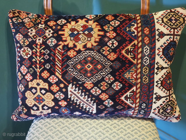 Antique carpet cushion, the face is a fragment from an antique southwest Persian Shekarlu Qashqai tribal carpet, circa 1870.
The back is coloured cotton, as per the image with a fitted zip.
The filler ...