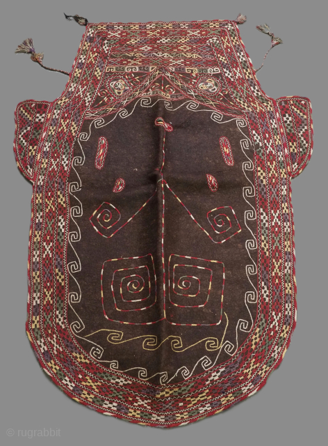 Antique Yomut Turkmen tribal embroidered felt ceremonial horse blanket.
Size: 7ft 7inx 5ft 9in (230 x 176cm) excluding tassels.
Circa 1900 or earlier.

This horse blanket belongs to a small group of well known ceremonial  ...