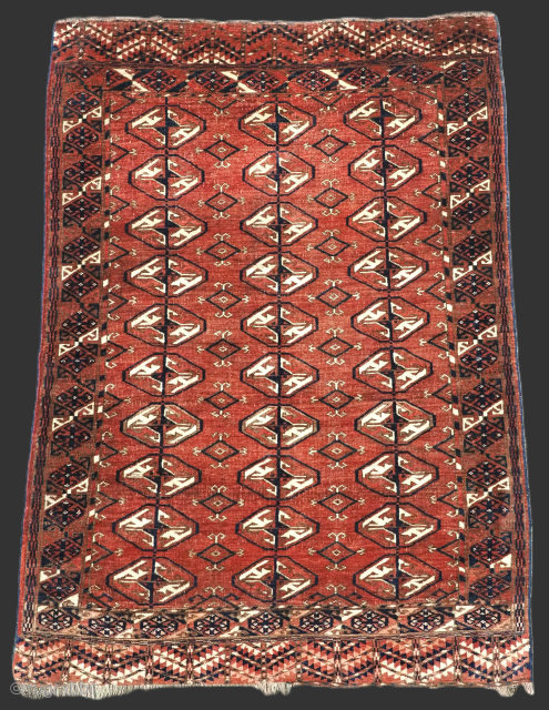 Size: 4ft 5in x 3ft 1in (134 x 95cm).

Antique Tekke Turkmen dowry rug of fine weave and scarce design.

Circa 1880.

These rugs are considered to be ‘dowry’ weavings used by the Turkmen bride  ...