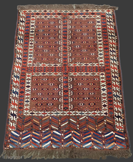 Size: 5ft 9in x 4ft 3in (176 x 130cm).

Antique Yomut Turkmen Ensi with double tree elem design.

Circa 1880.

Ensi are considered to be traditional ceremonial door hangings for the entrance to the tribal  ...
