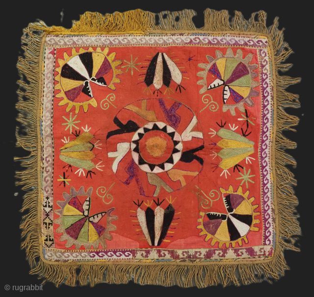 Antique Uzbek Lakai tribe ilgich, dowry wall hanging for the yurt.
Size: 1ft 9in x 1ft 8in (53 x 51cm) excluding tassels.
Circa 1900.
Ilgich are embroidered hangings that usually formed part of a brides ...