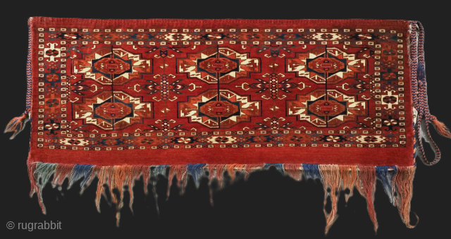 Size: 3ft 11in x 1ft 7in (120 x 47cm). Excluding tassels.

Antique Tekke Turkmen 6 gul Torba with superb colour, this example is of the classic format for this design, similar to examples  ...