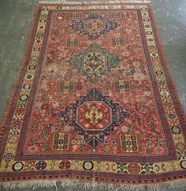 Antique Caucasian soumak carpet of three medallion design with scarce yellow border.
www.knightsantiques.co.uk
Circa 1870 or earlier.
Size: 312 x 220cm (10ft 3in x 7ft 3in).
This soumak is of the classic three medallion format, with  ...