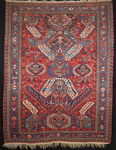 

Antique Caucasian 'dragon' soumak carpet of scarce small size format with superb colour.
Size: 7ft 9in x 6ft 0in (235 x 183cm).
2nd half 19th century.

This superb soumak is of the well known 'dragon'  ...