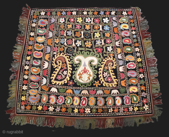 Antique Uzbek Lakai tribal ceremonial horse / saddle cover.
Size: 4ft 10inx 4ft 2in (147 x 128m) excluding tassels.
Circa 1920.

This beautiful embroidered horse / saddle cover was made by the Lakai tribe of  ...