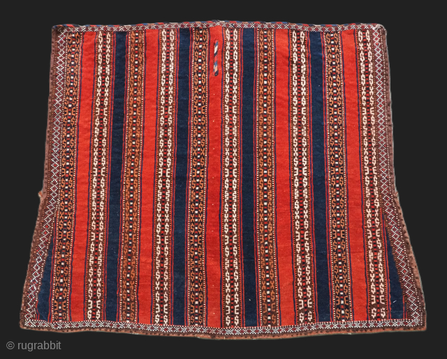 Antique Yomut Turkmen tribal ceremonial horse saddle rug.
Size: 3ft 5inx 2ft 9in (105 x 85cm).
Circa 1890.

This horse saddle rug belongs to a small group of well known ceremonial horse covers, rugs and  ...