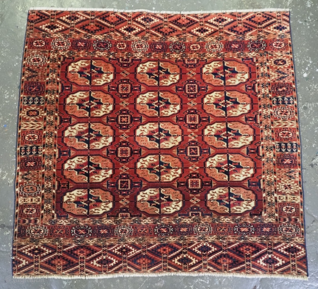 Antique Tekke Turkmen rug of fine weave and small square size. An outstanding example of type.
www.knightsantiques.co.uk
Circa 1880.
Size: 3ft 5in x 3ft 8in (104 x 111cm).
These rugs are considered to be ‘dowry’ weavings  ...