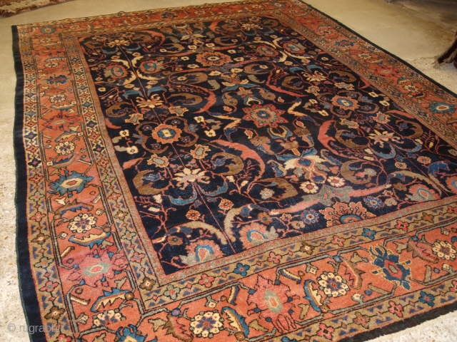 Antique Persian Mahal carpet with all over large scale design. www.knightsantiques.co.uk 

Circa 1900.

The carpet is very striking with a large scale design and soft pastel colours on a deep indigo field. The  ...