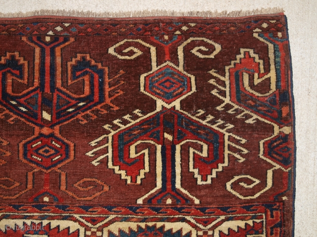 Antique Yomut Turkmen main carpet with the ‘Dyrnak’ gul design and superb large elem panels at both ends. www.knightsantiques.co.uk 

Circa 1850/70.

The carpet has a rich brown ground colour with some very nice  ...