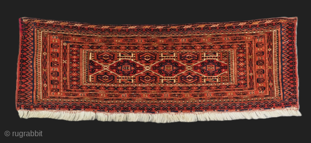 Antique Tekke or Saryk Turkmen torba of very fine weave, with 'kedjebe' design.
Circa 1870.
Size: 3ft 6in x 1ft 3in (107 x 38cm) face size.
A very good torba with excellent colour and good ...