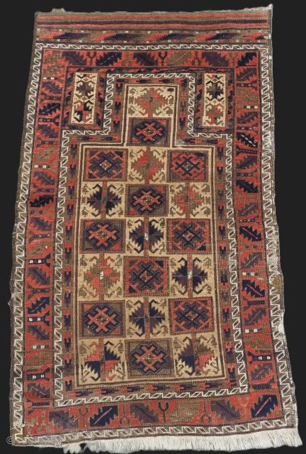 Antique Baluch prayer rug by the Yaqoub Khani sub tribe of the Timuri, with box design on a camel wool ground.
Size: 4ft 8in x 2ft 9in (142 x 85cm).